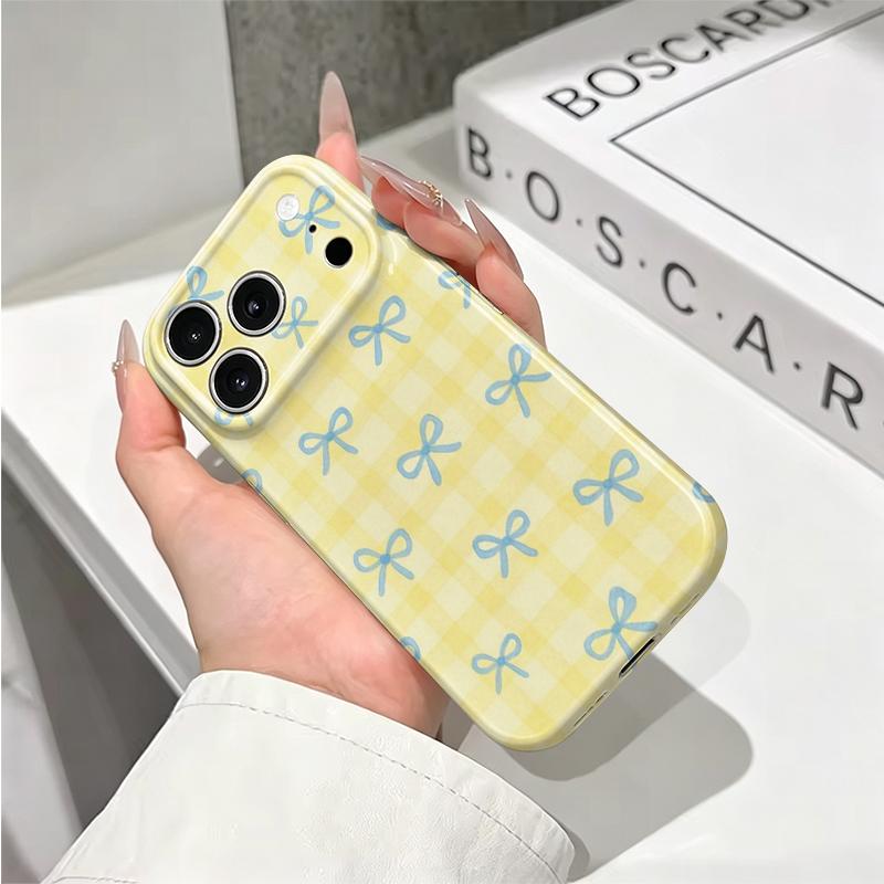 Buttery Yellow Gingham Blue Bow Pattern Graphic Art Film Aesthetic Protective Shockproof Bumper Phone Case For iPhone 14 15 16 17 Pro Max Plus