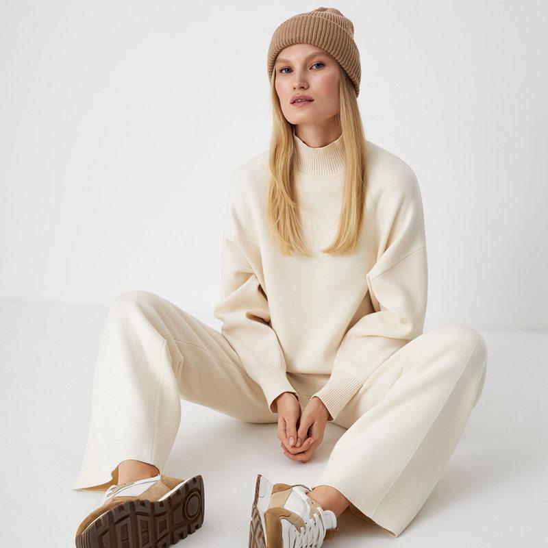 Women Autumn Winter Long Sleeve Half High Collar Solid Color Sweater Set Loose Fit Casual Two Piece Suits