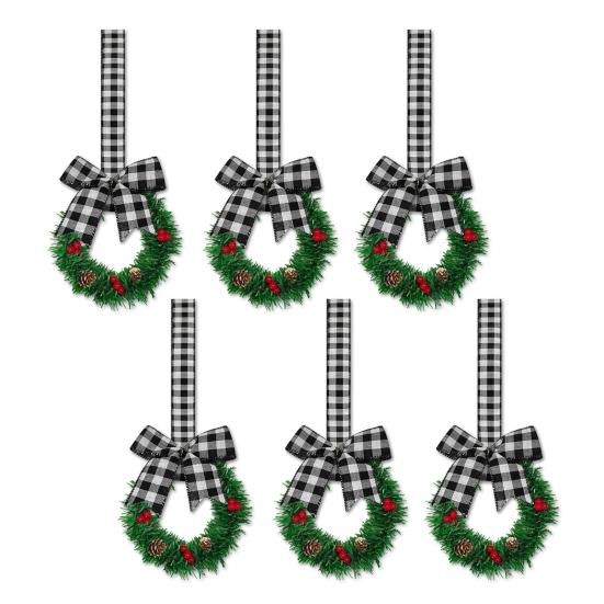 Yousheng 6 Pcs Small Christmas Wreath with Ribbon Artificial Cabinet Wreath with Red Berries Pine Cones for Home Kitchen Window Door Decor