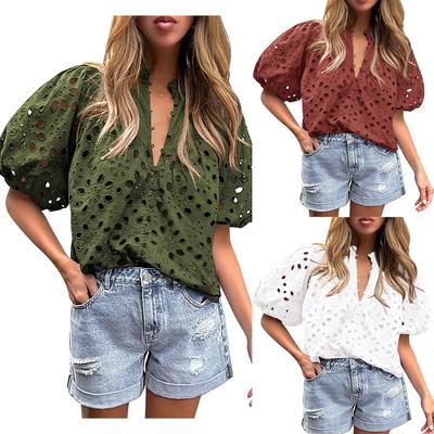 Koszula Damska Pusta Jednolita Lato Wysoki Dekolt Lampion Krótki Rękaw Zapinana na Guziki Luźna Talia T-shirt Casual Moda Oddychająca Lekka Koszula do Pracy