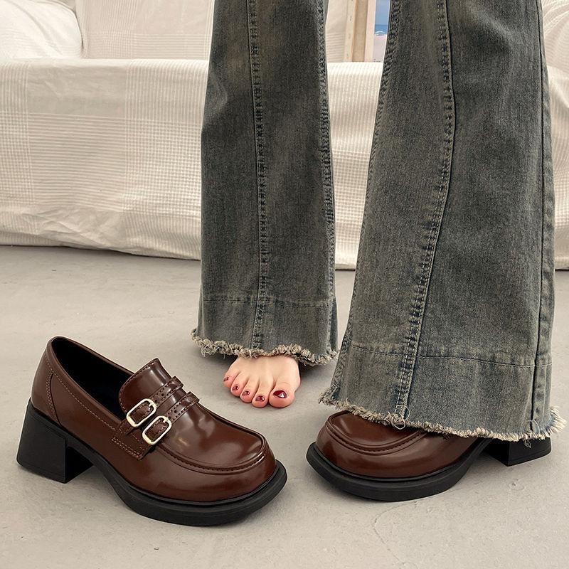 

British style versatile black platform small leather shoes women s deep mouth thick heels 2025 new spring and autumn Mary Jane high heels 39 коричневый