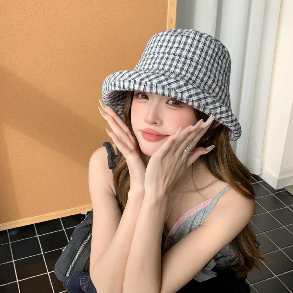 Spring and summer new simple plaid sunshade bucket hat women's casual versatile face small foldable big brim sunscreen hat tide