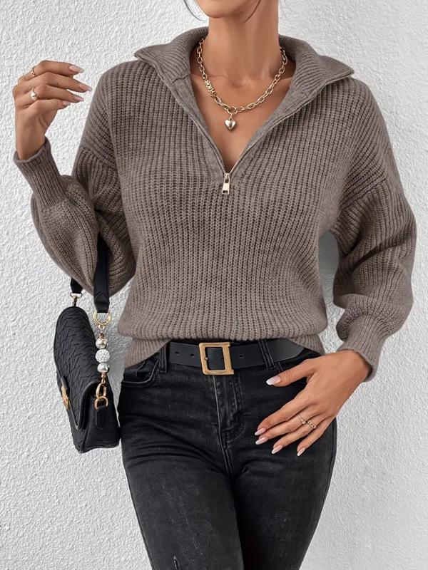 Women's Knitted Polo Collar Zipper Sweater: Solid Color, Loose Fit, Long Sleeve