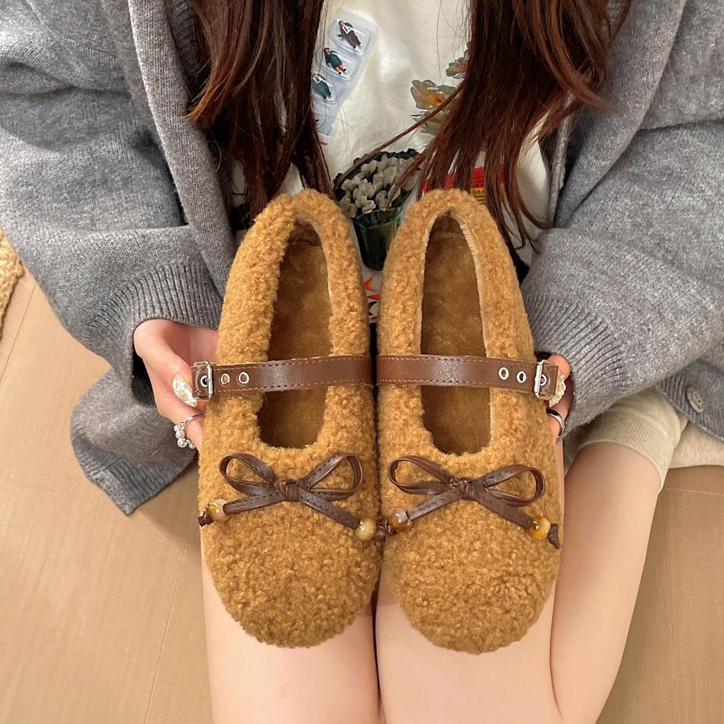 Large size retro fluffy shoes autumn and winter new velvet warm cotton shoes light mouth bow Mary Jane single shoes