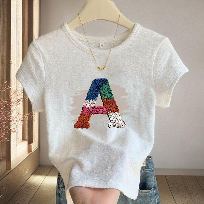 

Women s Colorful Letter A Embroidered Short Sleeve T-Shirt S