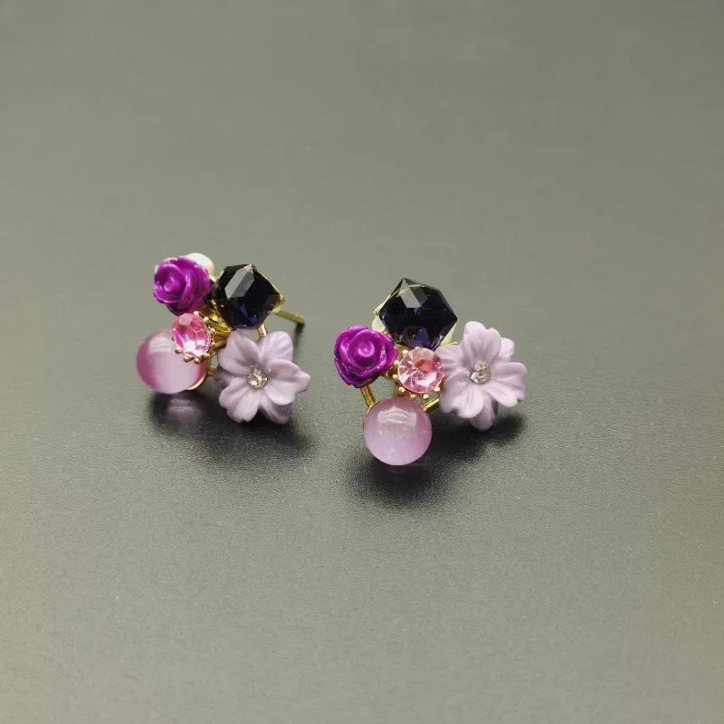 Purple Crystal Flower Stud Earrings for Woman Lilac Earrings Korean Fashion Wedding Party Jewelry Girl Elegance Set Accessories