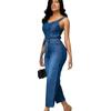 Women's European & American African Denim Halter Jumpsuit: Whitened, Washed, Stretchy, Tie Waist Belt.