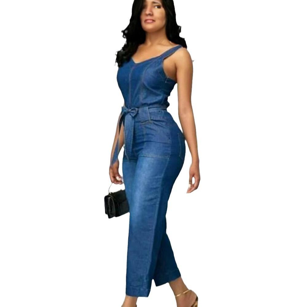 Women's European & American African Denim Halter Jumpsuit: Whitened, Washed, Stretchy, Tie Waist Belt.