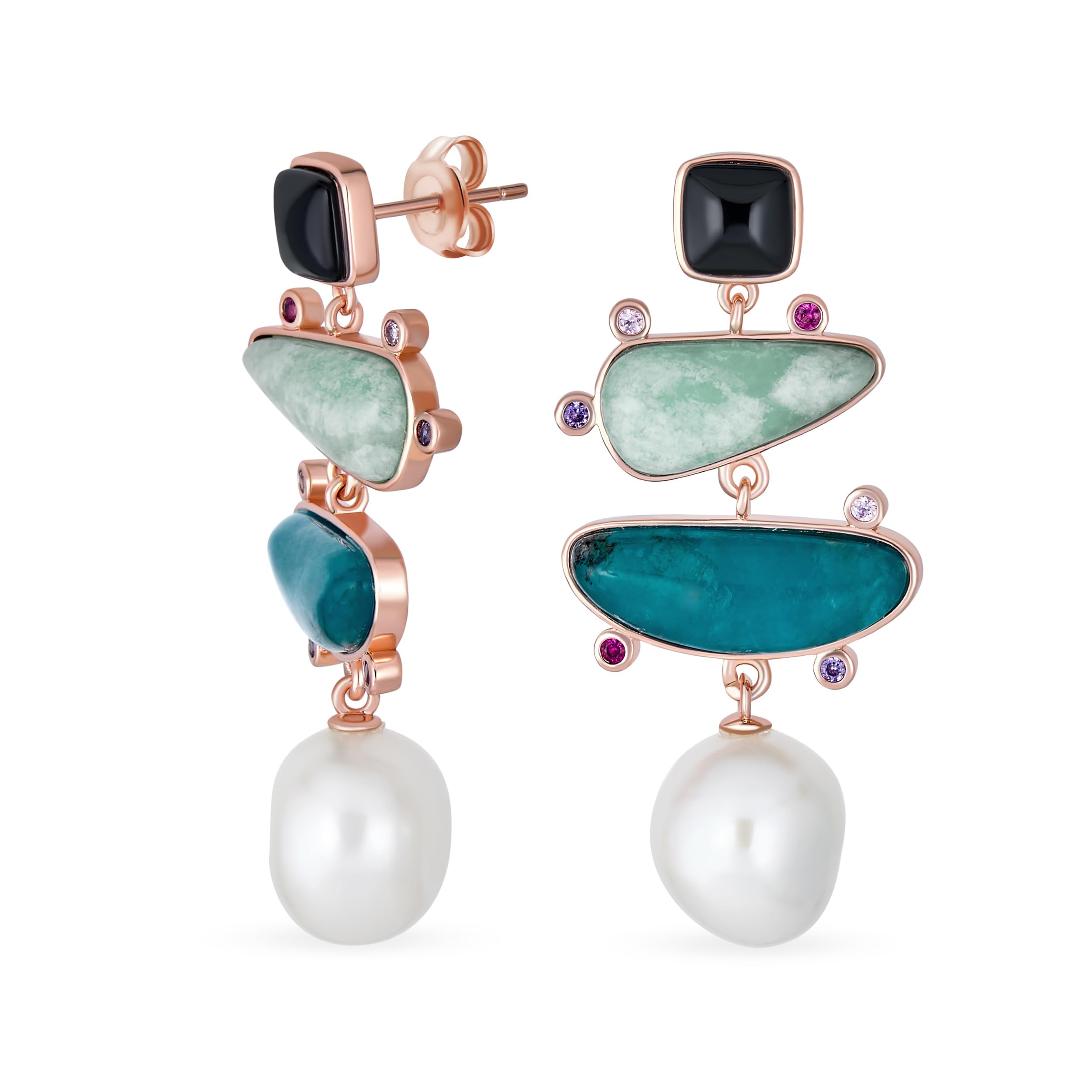 

Natural Stone Apatite Cultured Freshwater Baroque Pearl Gold Plated Tricolor Black White Green Asymmetric Earrings [Bling Jewelry]