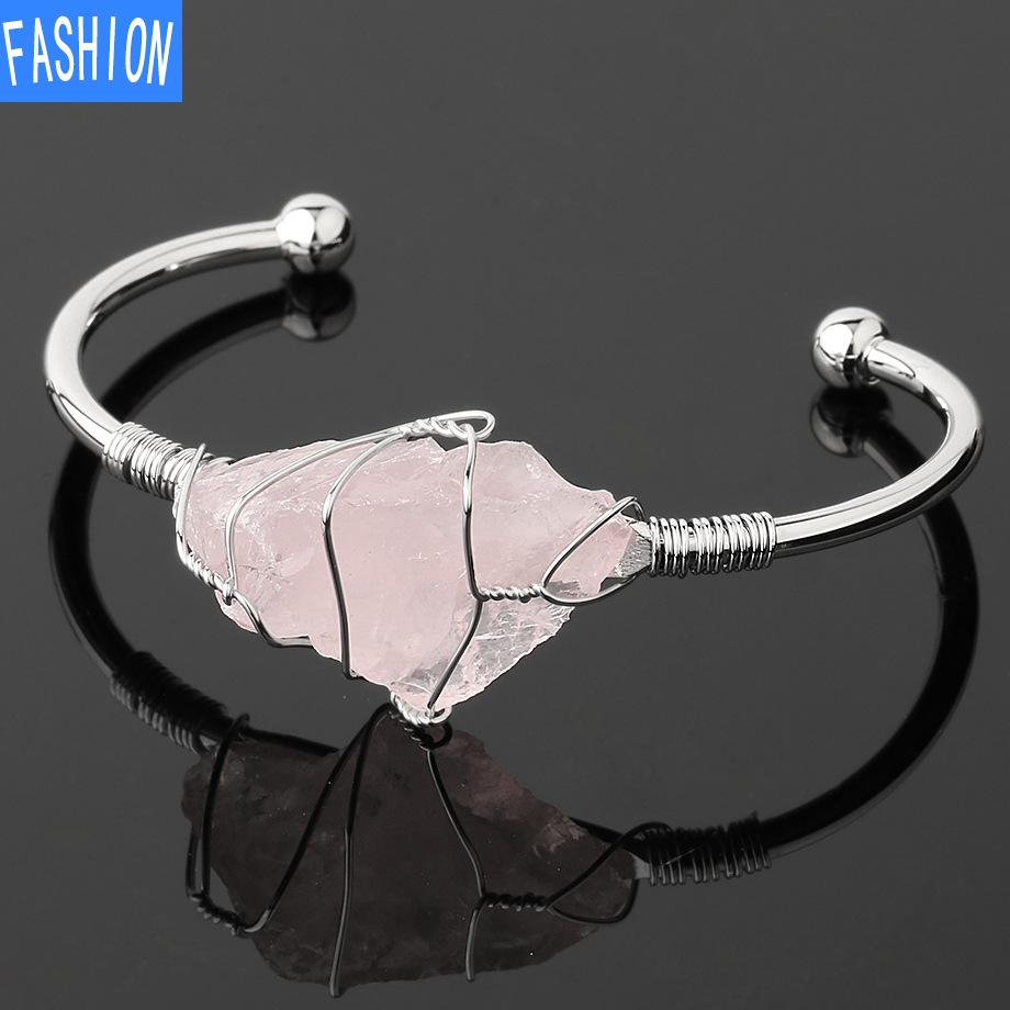 

Натуральный хрустальный браслет, большой нерегулярный браслет с кристаллами, женский ювелирный подарок Rose-Quartz серебряный