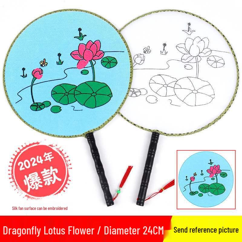 DIY Children's Silk Cloth Round Fan with Bamboo Handle - Palace Style Hand-Painted Kindergarten Craft