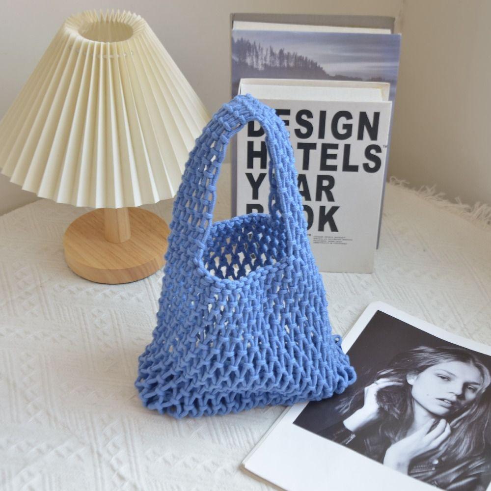 

Versatile Knitted Handbag Handmade Hollowout Woven One-shoulder Pouch Colorful Cotton Rope Large Capacity Mommy Bag світло-синій колір
