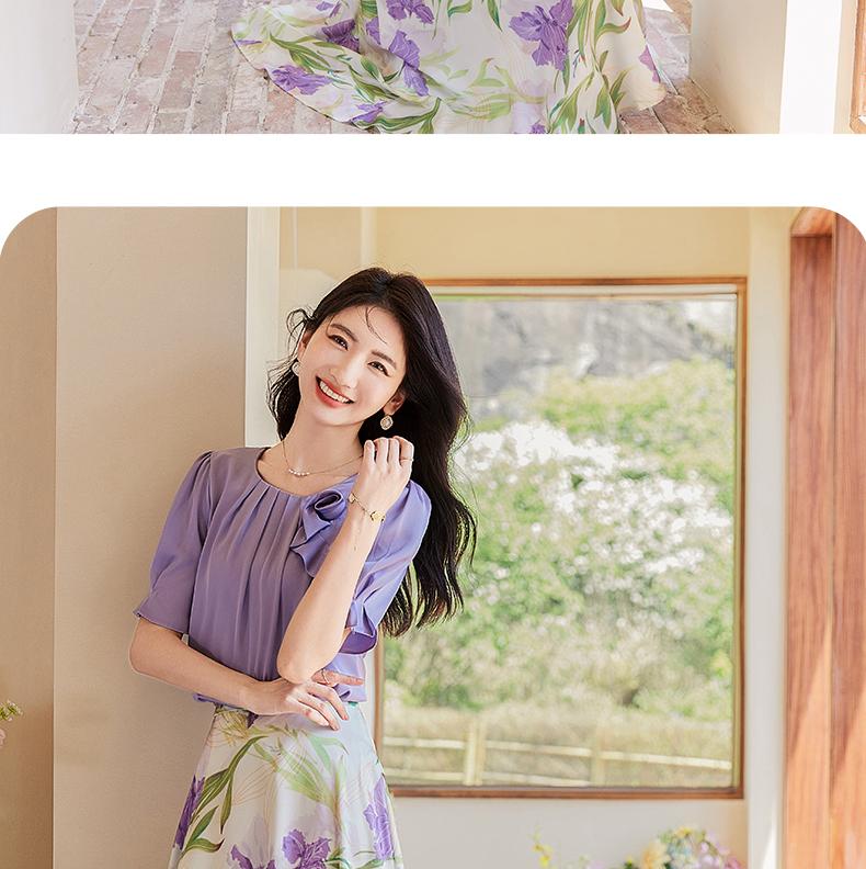 French style fresh and elegant style, purple imitation satin, niche print A-line skirt, slimming half skirt