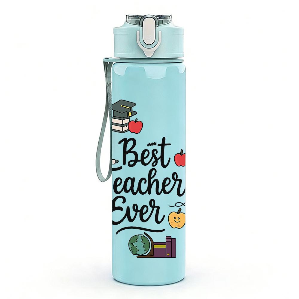 1PC Best Teacher Ever Floral Wreath Text 750ml Color Plastic Water Bottle Leakproof Flip Straw Lid For Sports Office Home Use