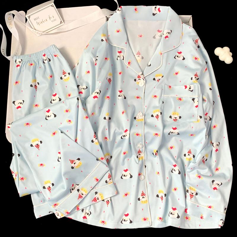 Ensemble de Pyjama Mignon à Carreaux pour Filles Printemps Automne Manches Longues Vêtements de Nuit Décontractés pour Femmes Ample Vêtements d'Intérieur