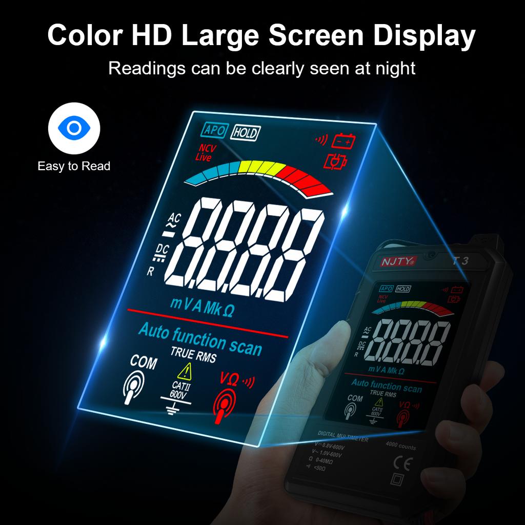 NJTY T3 MINI Smart Digital Multimeter Color Screen USB Rechargeable 4000 Counts Auto Ranging Voltage Resistance NCV Live Wire