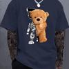 Men's 100% Pure Cotton Summer Loose Oversized Casual Mechanical Bear Pattern Printed Sports Round Neck Short Sleeved T-shirt Top