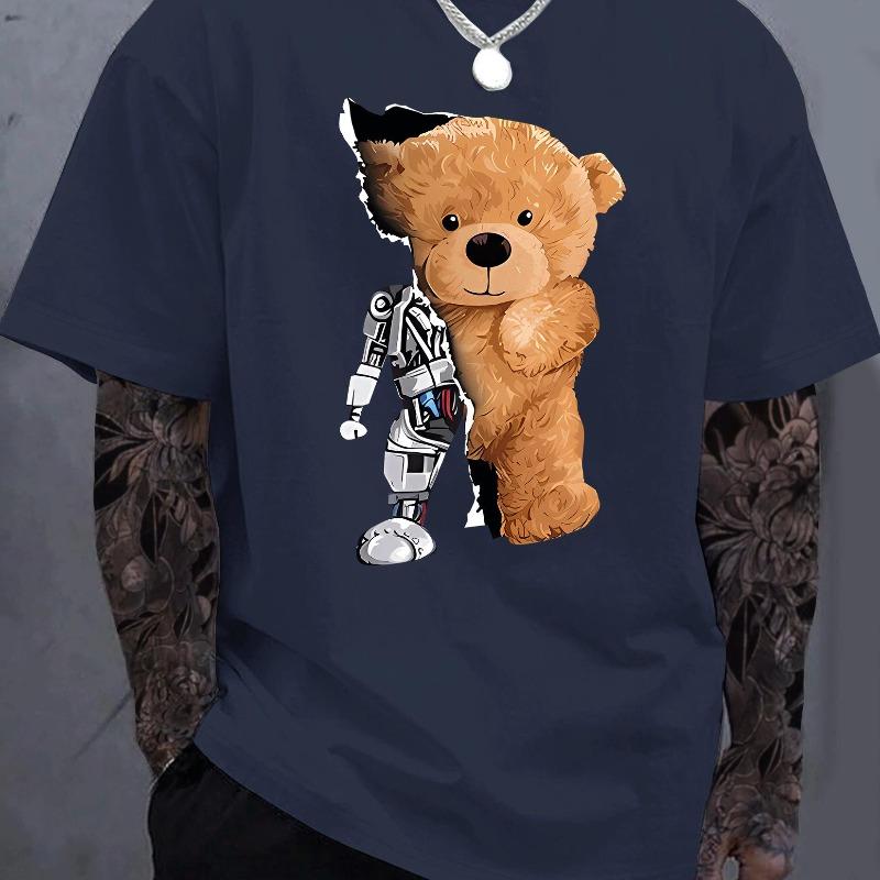 Men's 100% Pure Cotton Summer Loose Oversized Casual Mechanical Bear Pattern Printed Sports Round Neck Short Sleeved T-shirt Top