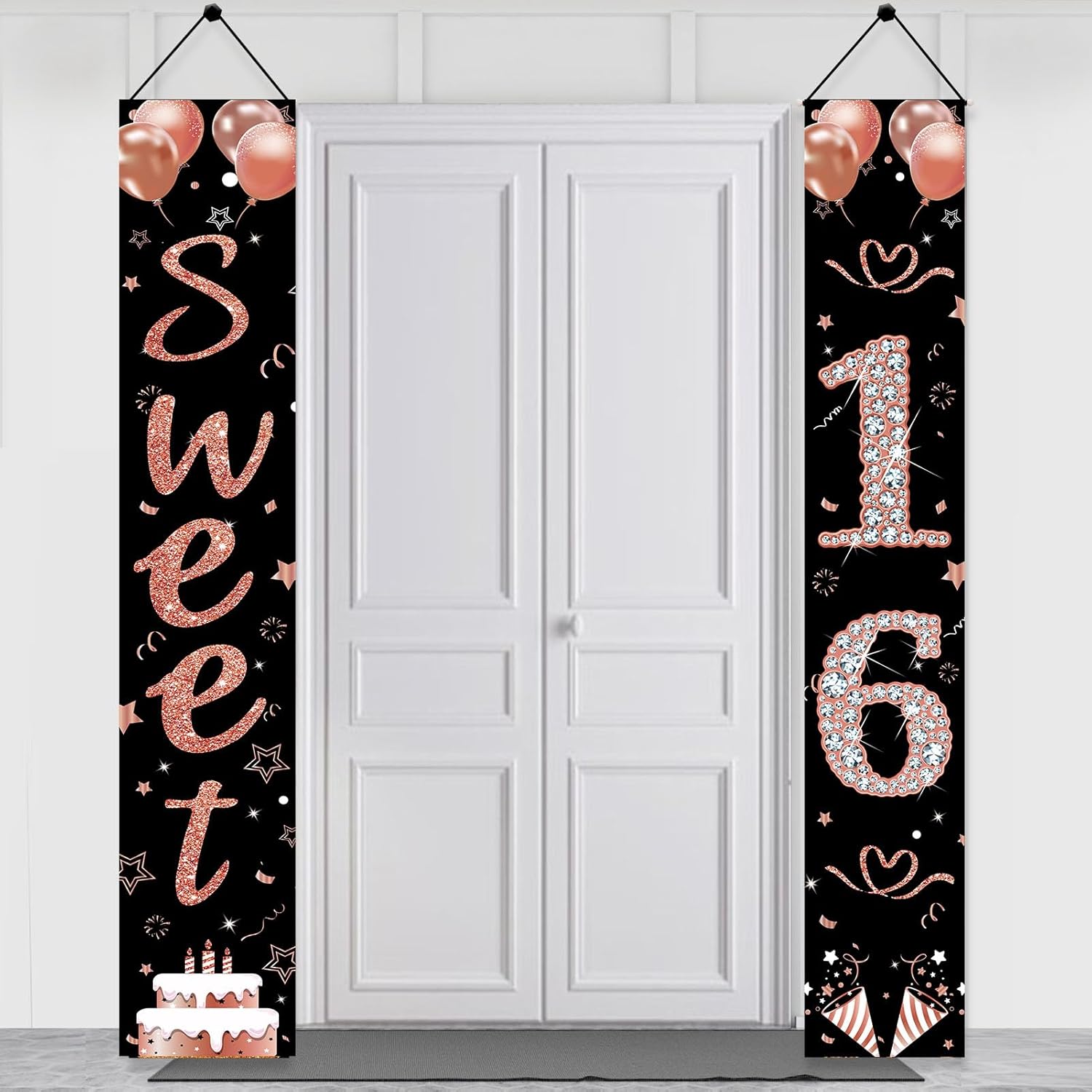 Sweet 16 Party Decorations, Black Rose Gold Happy 16th Birthday Decorations for Girls Sixteen Year Old Birthday Door Banner Porch Sign Party Supplies Rose Gold Sweet 16