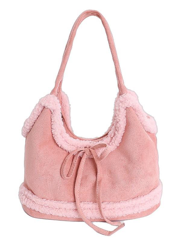 Niche Women's Lambswool Patchwork Bow Tote - Large Capacity Single Shoulder Bag 2025