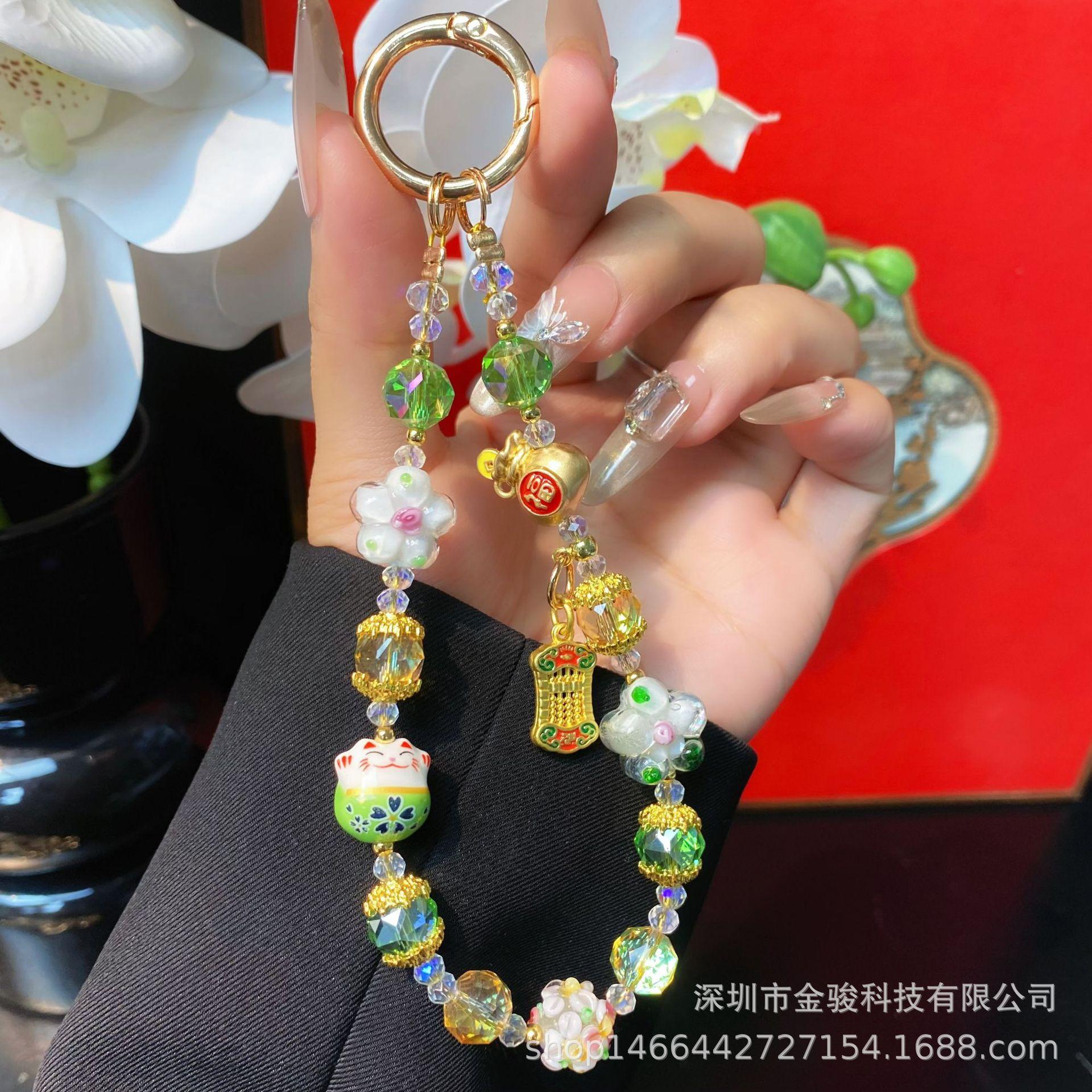 New Chinese Style Phone Chain Crystal Beads Alloy Lion Awakening Wealth New Year Phone Hanging Chain Ceramic Lucky Cat Pendant зелёный