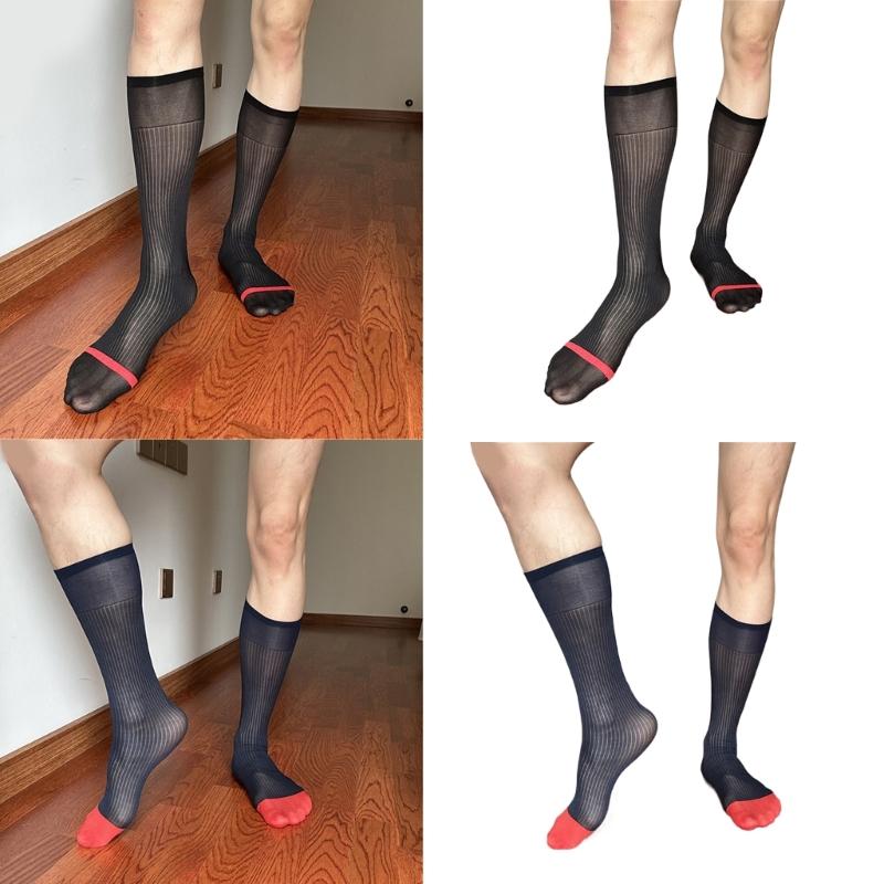 Mens Nylon Sheer Suit Socks Business Dress Socks Contrast Color Striped See Through Formal Dress Over the Calf Stockings