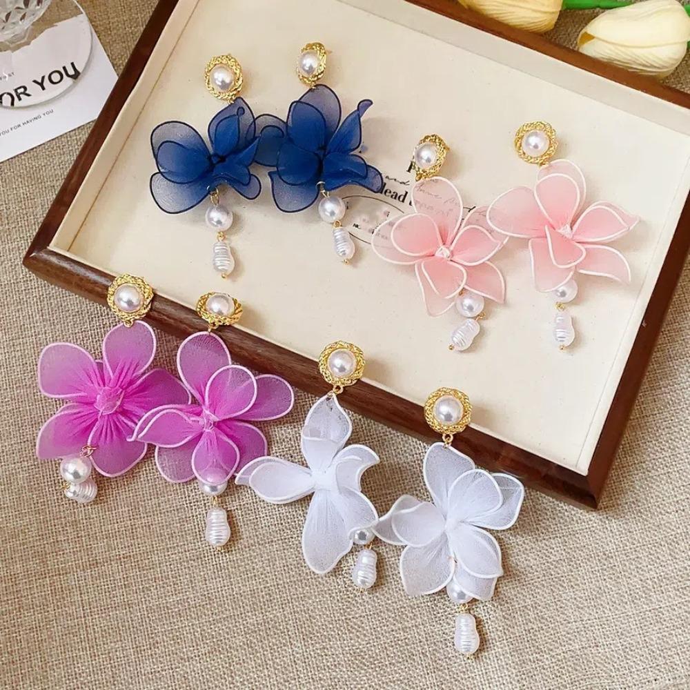 Pearl Pedant Beach Earrings Sweet Petals Stud Earrings Mesh Flower Dangle Earrings  Ladies/Girls