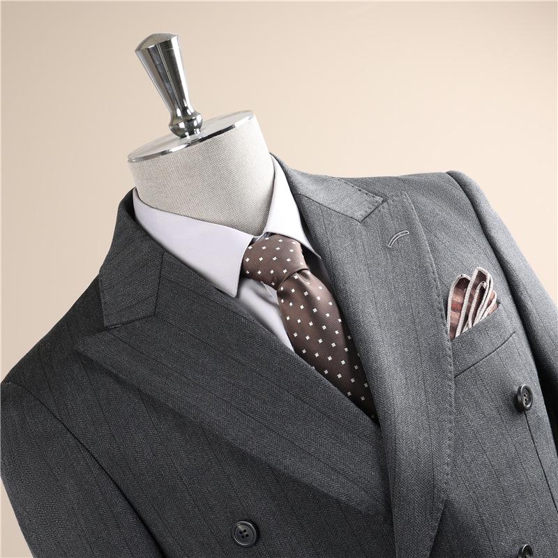 Men's High-End Pinstripe Wool Double-Breasted Three-Piece Suit: Anti-Wrinkle, Formal Groomwear