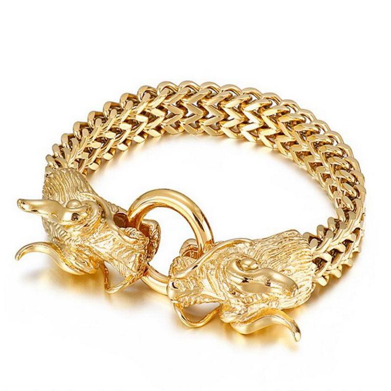 Chinese Dragon Head Charm Bracelets for Men Gold Color 316 Stainless Steel Jewelry High Polished Curb Chain Bracelet