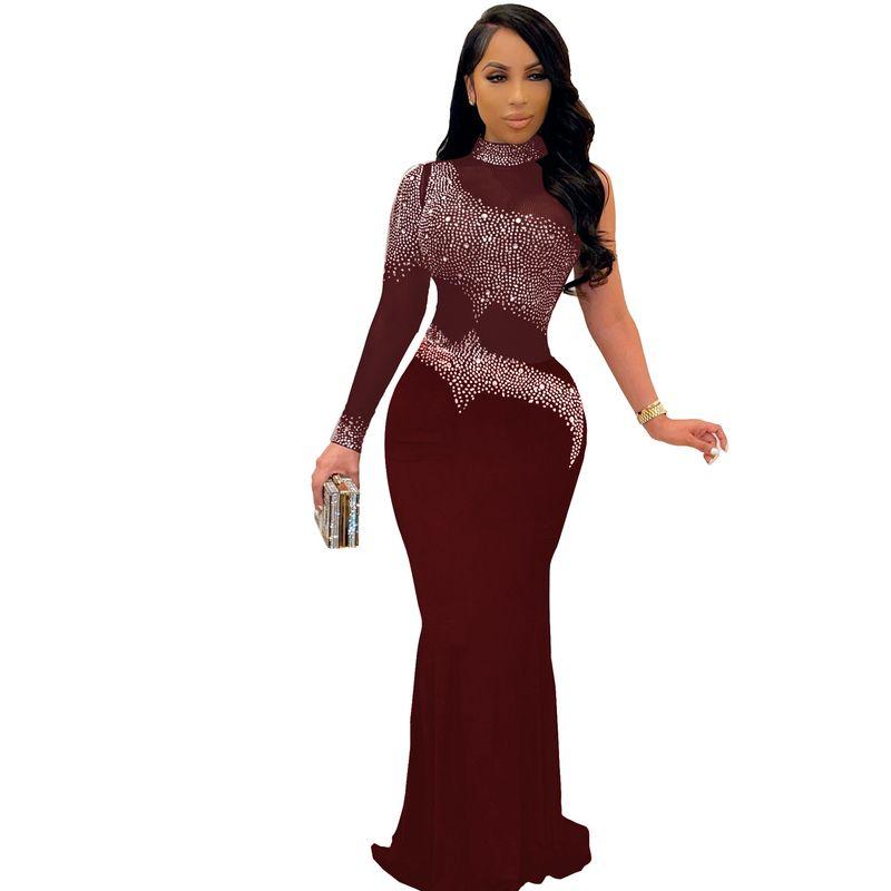 

Women Nightclub Dress Sexy European and American Hot Drilling Mesh Slim dress Women Nightclub Skirt Burgundy L