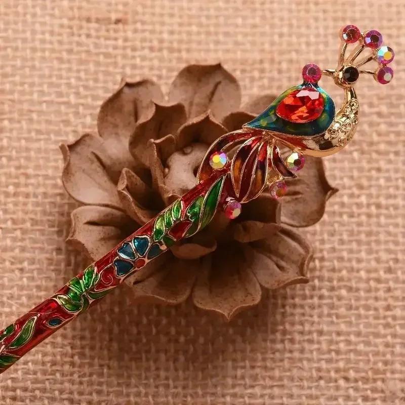 Chinese Crystal Peacock Hairpin Retro Women's Enamel Cloisonn Is Handmade Jewelry Travel Photography Styling Tools Accessories