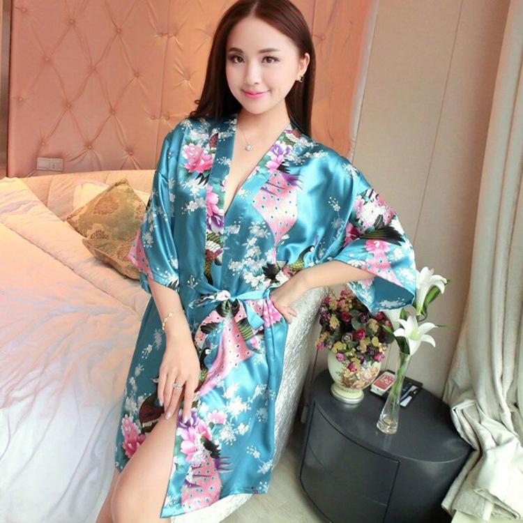 Women's Peacock Print Silk-Feel Short Summer Robe Pajamas