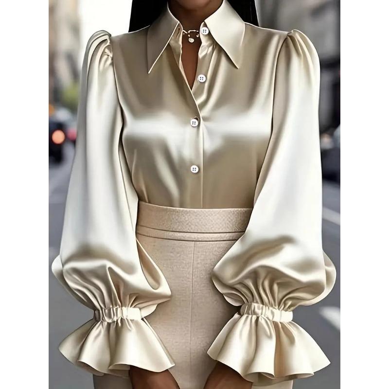 TIFICY Women's Fashion Casual Spring Autumn Solid Color Print Long Sleeve POLO Neck Blouses & Shirts