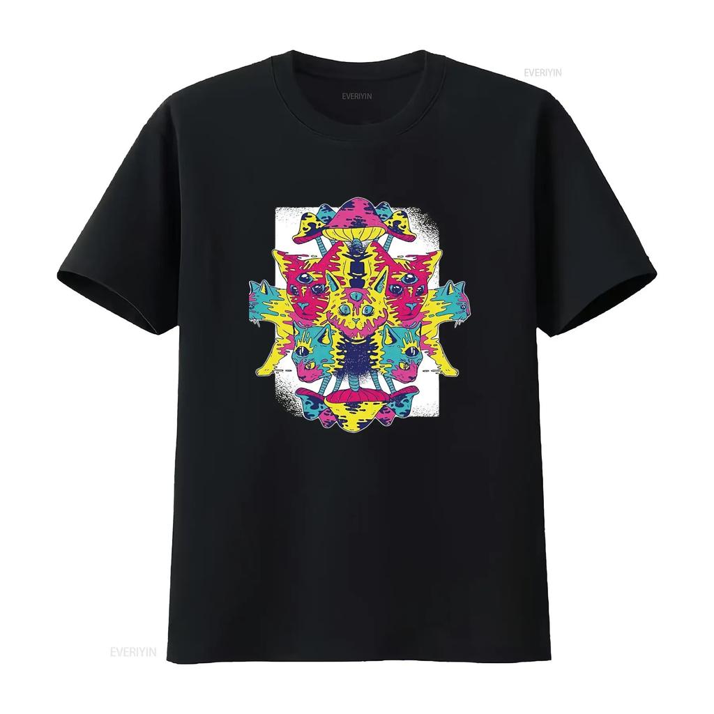 Herren Ideen für Katzenliebhaber Psychedelische Kätzchen und Pilze Design Schwarz Mehrfarbig T-Shirt vintage Gewaschen Dehnbar Stilvoll