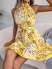 Rochie Imprimată Plisată cu Gât Rotund, Rochie cu Volan la Genunchi, Fără Mâneci, Rochii Largi, Rochie Casual pentru Femei