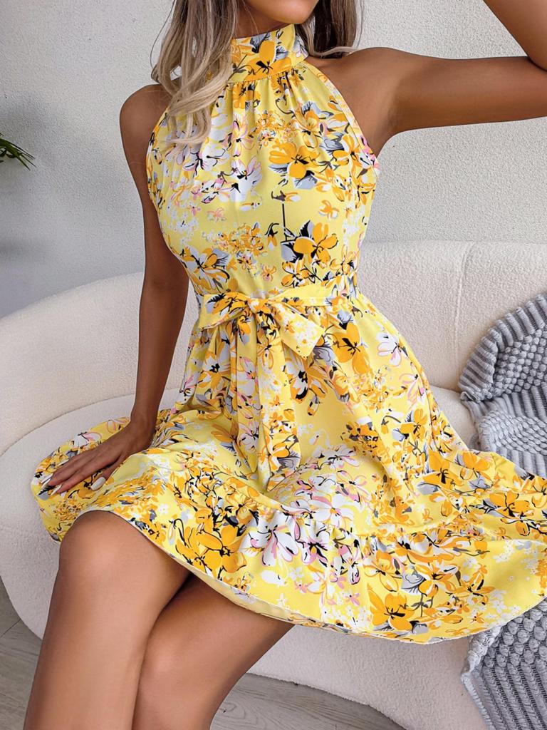 Rochie Imprimată Plisată cu Gât Rotund, Rochie cu Volan la Genunchi, Fără Mâneci, Rochii Largi, Rochie Casual pentru Femei