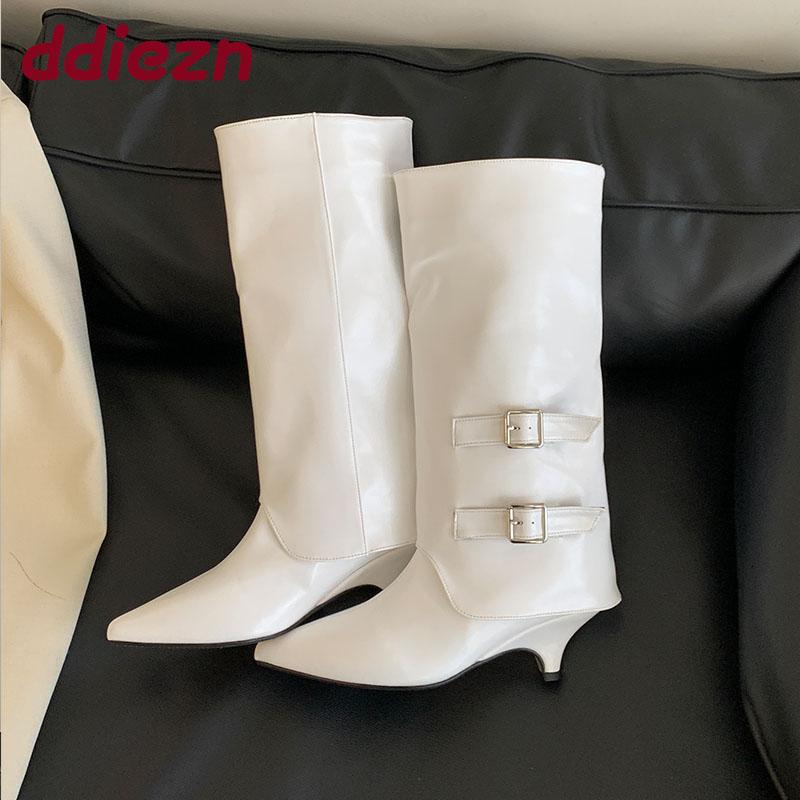 Fashion Fashion Buckle Women Knee High Boots Shoes With Low Heel Footwear Female Pointed Toe Ladies Western Boots Slip On Shoes Pumps
