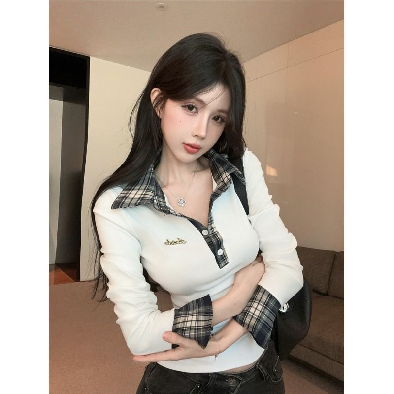 Plaid False Two Piece Long Sleeve T Shirt Women Early Spring Slim Fit Top Elegant Base Layer