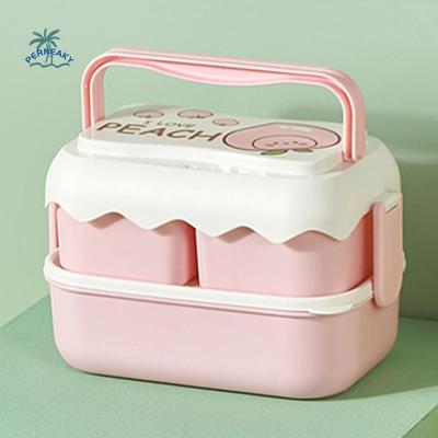 Double Layered Cartoon Lunch Box Fruit Pattern Drop-proof Plastic Lunch Box Detachable Microwaveable Compartment Lunch Box
