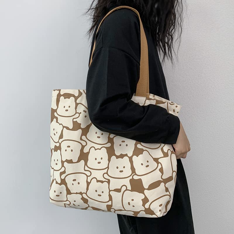 Zabonchie Cute Canvas Tote Large Shoulder School Outing Zippered Bag, Capacity, Bag, Bag, Bag, (Cartoon Bear)