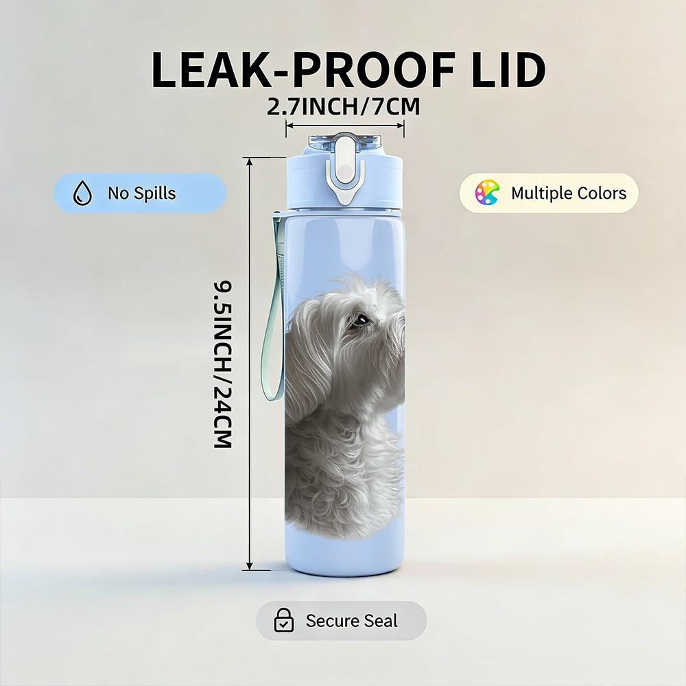 1PC Small White Fluffy Dog Pet Print 750ml Color Plastic Sports Water Bottle Leakproof Flip Straw Lid Suitable for Sports Office Home Use