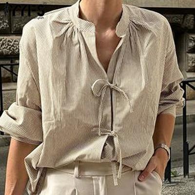 Damesmode Casual Lente Herfst Streep Print Lange Mouw Halve Col Blouses & Overhemden