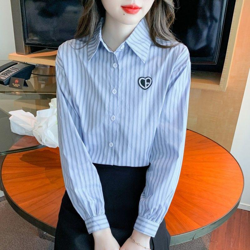 2026 New Women's Embroidered Cotton Shirt, Fashionable and Youthful Striped Long Sleeve Blouse