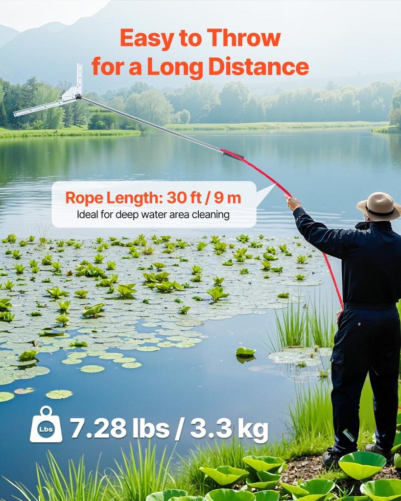 Lake Weed Cutter, Pond Aquatic Plant Cutting Tool with 0.94 m Max. Cut Width, Sharp and Heavy-Duty Steel Blades, Pond Rake with 9 m Throw Rope, for