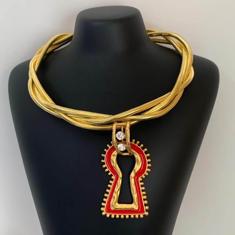 Colar Brincos Pingente Buraco de Fechadura Esmaltado Vintage Camada Múltipla Pingente Torcido Gargantilha Brincos de Moda Colares Joias Presentes