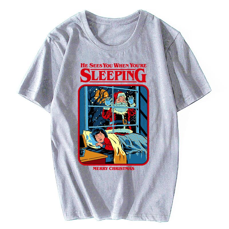 Man T-shirts He Sees You When You're Sleeping Tshirt Mens T Shirts Merry Christmas Claus Designer Tops & Tees Harajuku