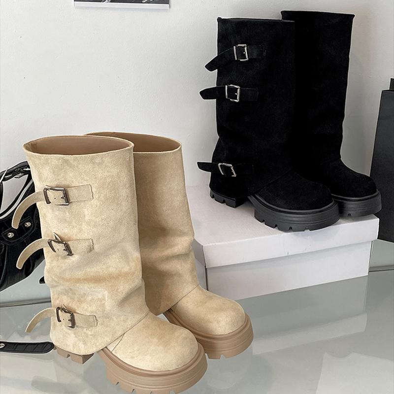 Móda Móda Vintage Spona na opasek Žena Rytířské boty Módní Platforma Silný podpatek Nazouvací Poloviční lýtko Kotníkové boty