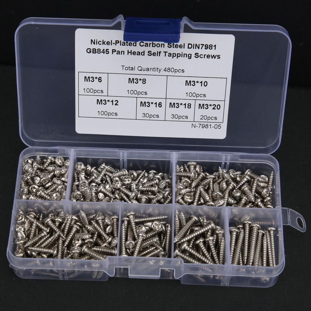 480Pcs Self Tapping Screw Pan Round Head Carbon Steel Fittings M3 Black Nickel Plating(Carbon Steel Black )