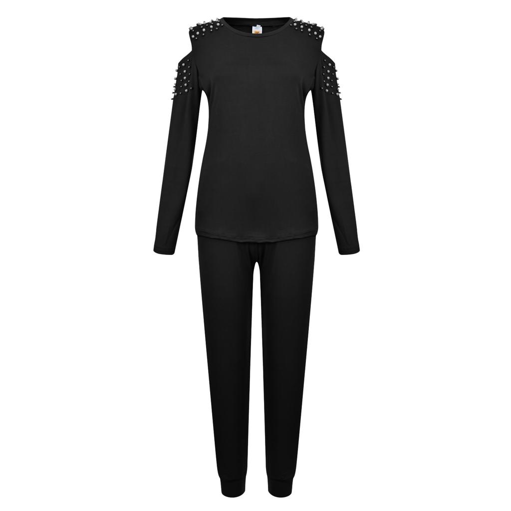 Women's Fashion Sexy Nail Bead Color Round Neck Long Sleeve Suit