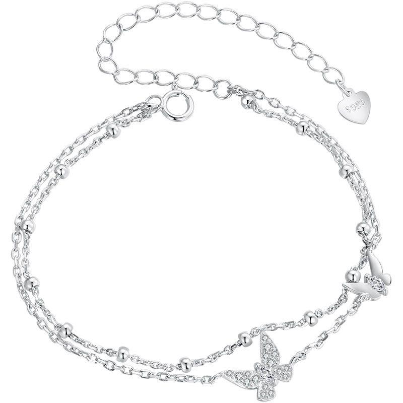 BAMOER Double-Layer Butterfly Bracelet 925 Sterling Silver Adjustable CZ Layered Beads Wrist Chain Dainty Party Gift for Women